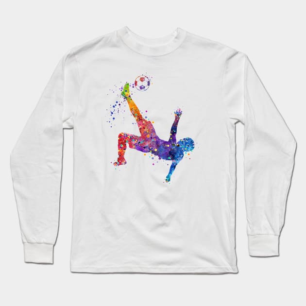 Boy Soccer Player Bicycle Kick Watercolor Long Sleeve T-Shirt by LotusGifts